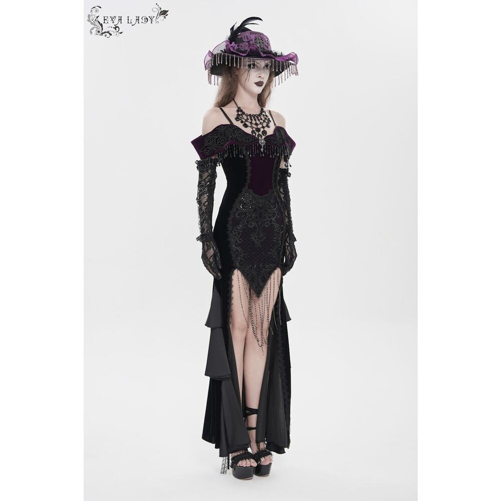 Devil Fashion Gothic Victorian 'Vampire Masquerade' Purple Black Velvet Gown - Picture 13 of 15